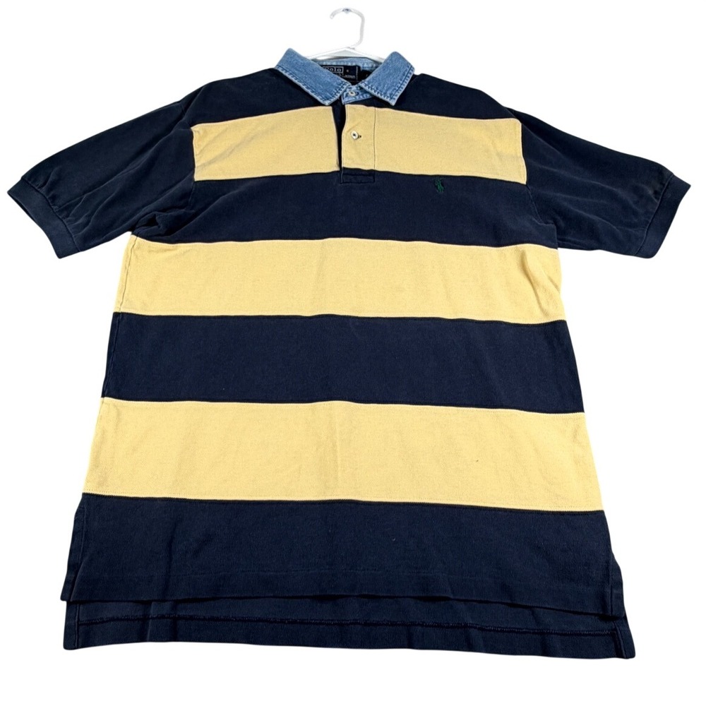 Polo Ralph Lauren Mens Large Navy Yellow Striped Polo Shirt Denim Collar